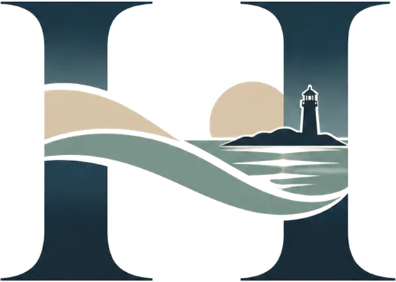 Hicks Counselling monogram: an H with a lighthouse, sun and sea